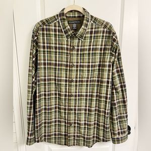 Exofficio Mens Shirt XL Green Brown Plaid Long Sleeve Button Stretch Hiking